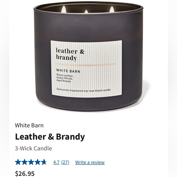 “LEATHER & BRANDY” 3-Wick Scented Candle, by B&BW / WB, 14.5 oz / 411 g, NWT - Picture 1 of 6